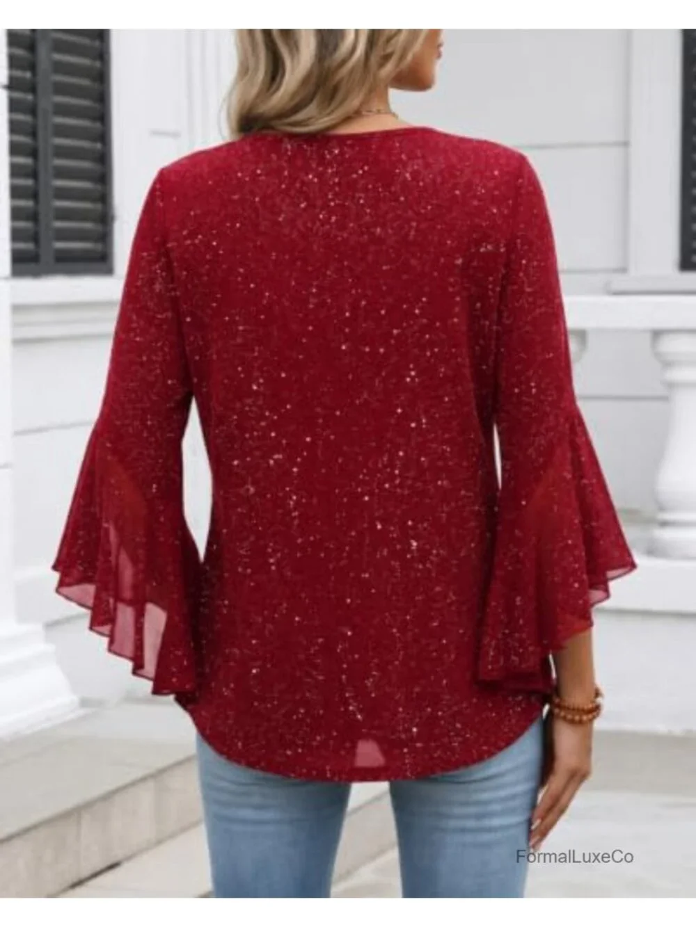 Women's 3/4 Sleeve Sequin Dressy Top V-Neck Double Layer Mesh Party Blouse